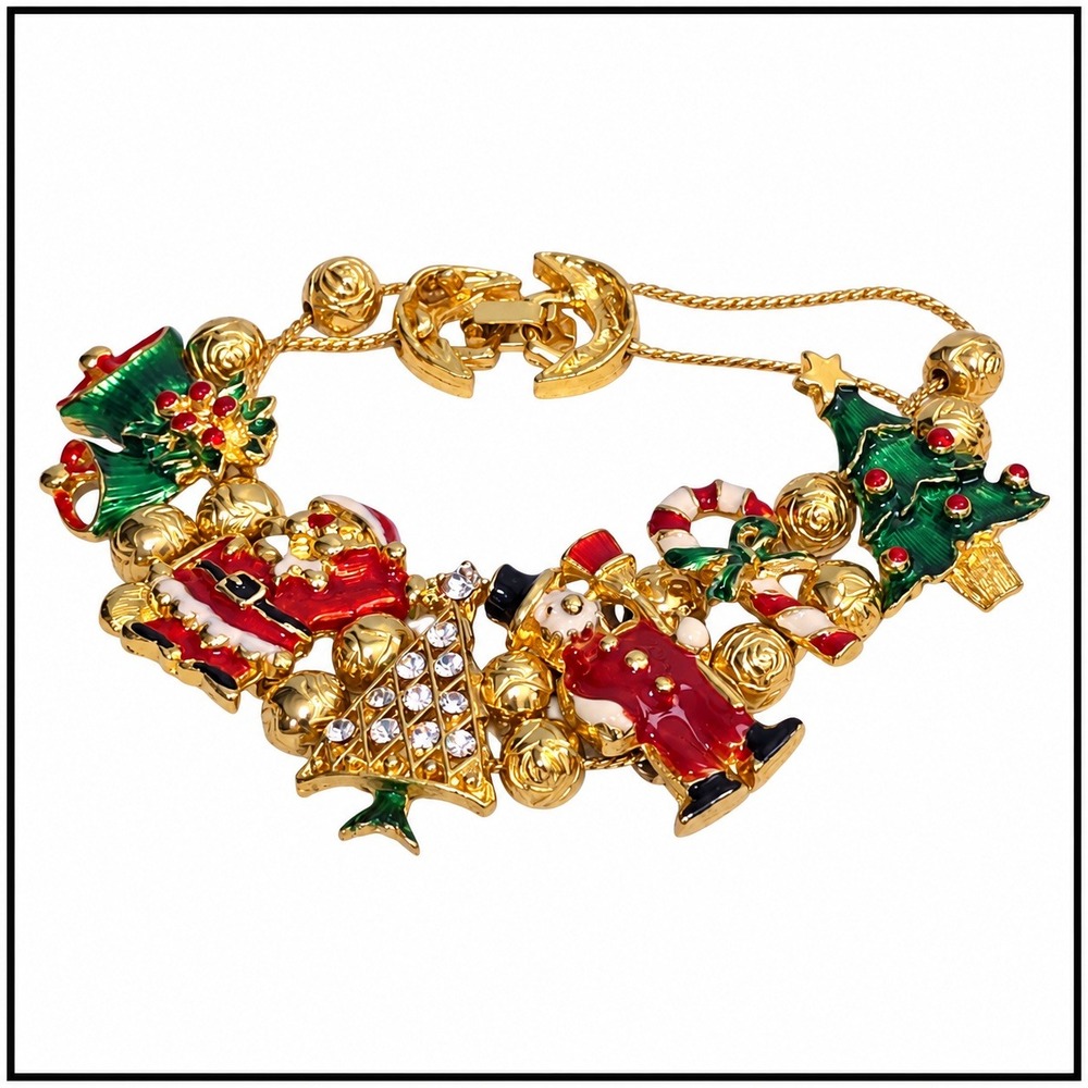 Gold Tone Enamel Christmas Charm Bracelet Santa Snowman Tree Holiday Jewelry